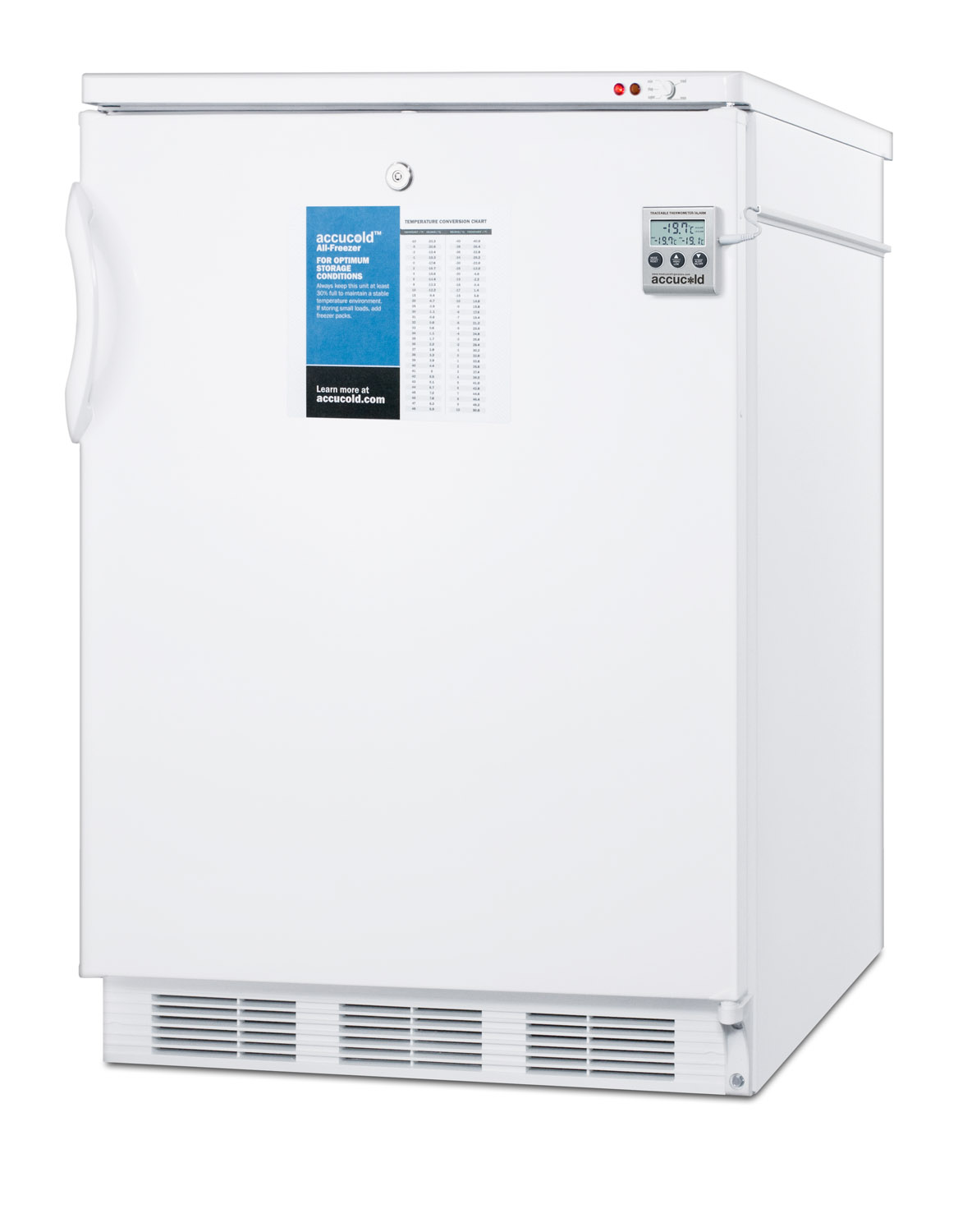 Built-in undercounter freezer capable of -25 C operation; includes audible alarm, lock, and hospital grade plug